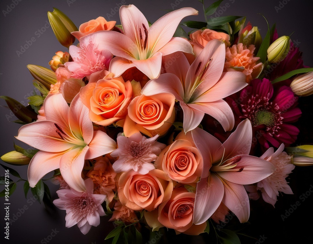 A vibrant bouquet of pink, peach, and orange roses, lilies, and other flowers arranged against a dark background. A vibrant bouquet of pink, peach, and orange roses, lilies, and other flowers arranged against a dark background.