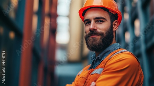 A confident construction worker stands smiling in an industrial setting wearing an orange safety helmet and work attire