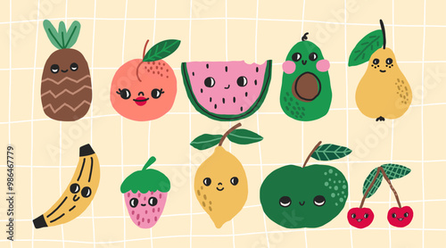 A set of fun trending emotional fruits. Strawberry, pear, watermelon, avocado, watermelon, cherry, apple, banana and strawberry