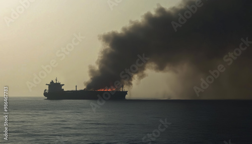 Burning large container cargo ship, fire and smoke above vessel. Generative AI