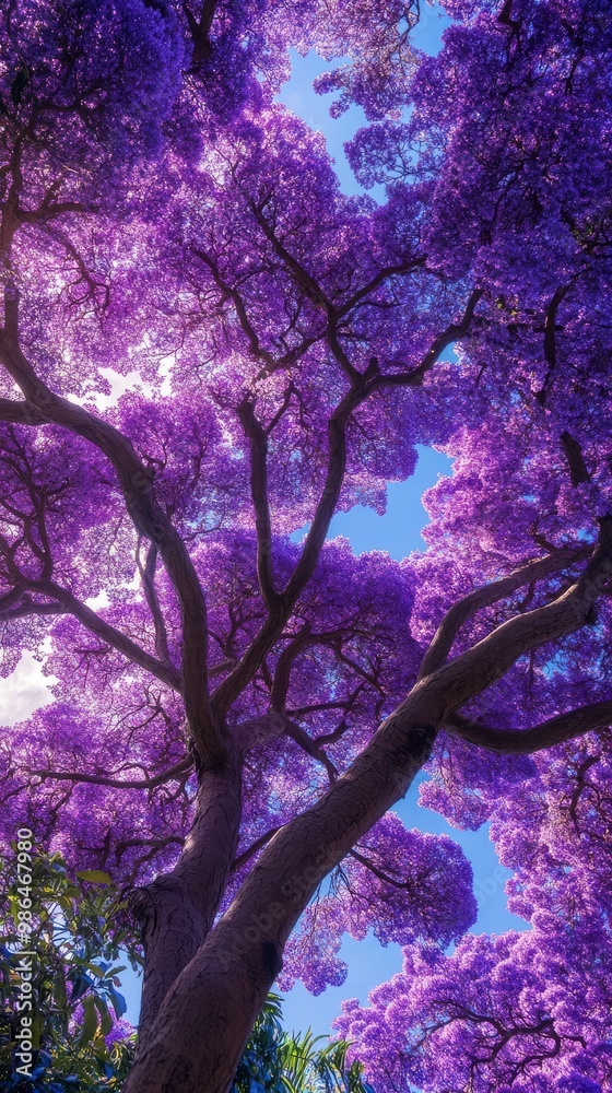A beautiful Jacaranda tree displays vibrant purple blossoms against a glowing sunset sky A beautiful Jacaranda tree displays vibrant purple blossoms against a glowing sunset sky