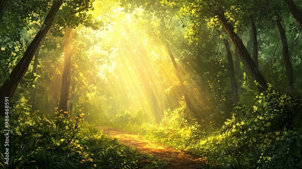 Obraz premium Sunbeams illuminating a path through a dense forest