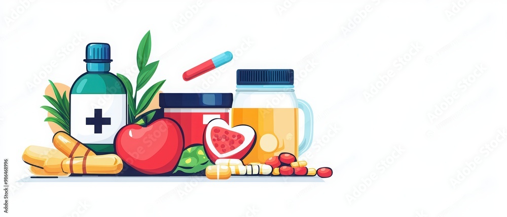 Fototapeta premium Colorful illustration of health-related food items, vitamins, and medicine bottles on a white background.
