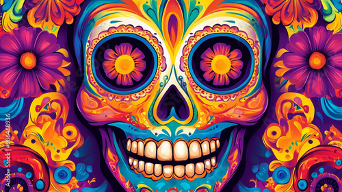 Colorful Day of the Dead skull with vibrant floral patterns, psychedelic and festive Mexican design