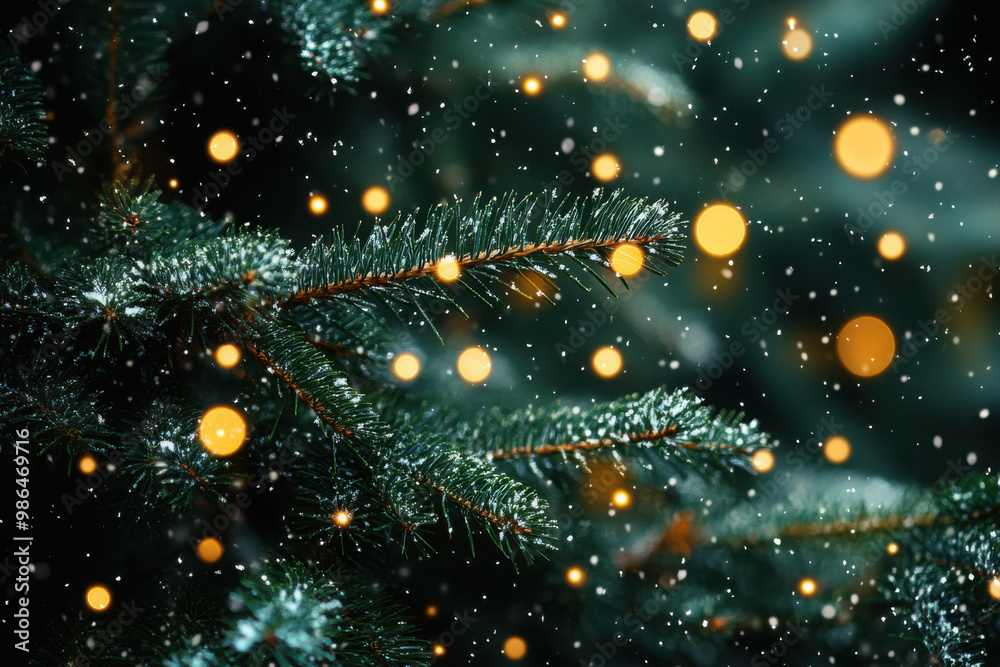 Christmas tree branches with a garland against falling snow.
Christmas tree branches with a garland against falling snow.