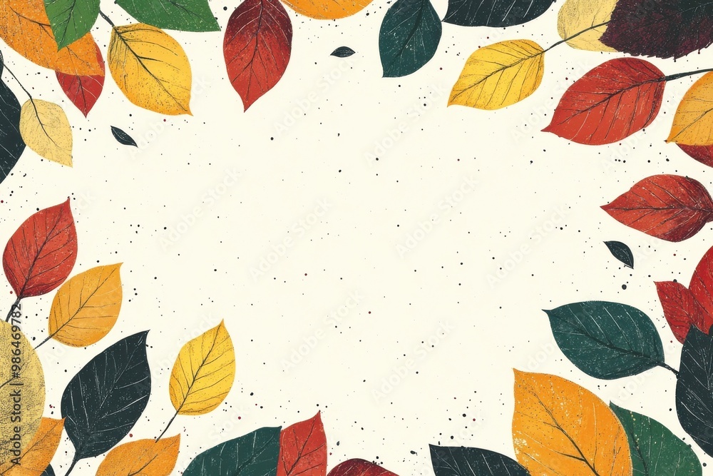 Seasonal nature background with a surrounding frame of floating amber, crimson, tangerine, and olive leaves set against a light background for text insertion