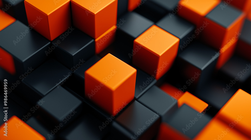 Abstract composition of orange and black cubes forming a three-dimensional pattern, the concept of Abstract composition of orange and black cubes forming a three-dimensional pattern, the concept of