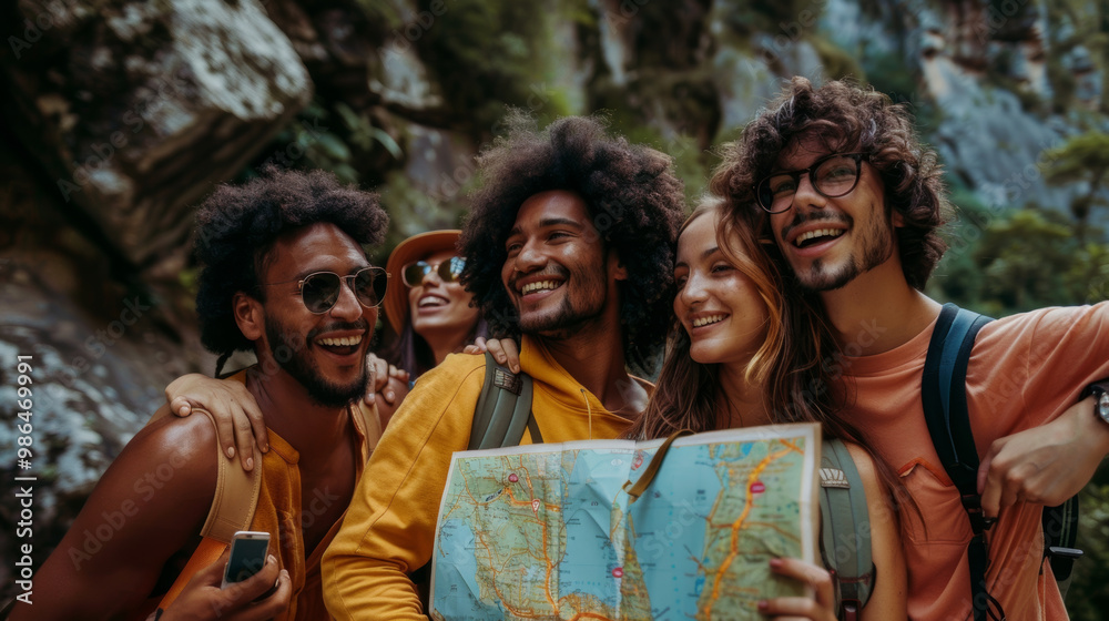 Exploring together, diverse group of friends enjoys their adventure in nature, sharing laughter and excitement while holding map Exploring together, diverse group of friends enjoys their adventure in nature, sharing laughter and excitement while holding map