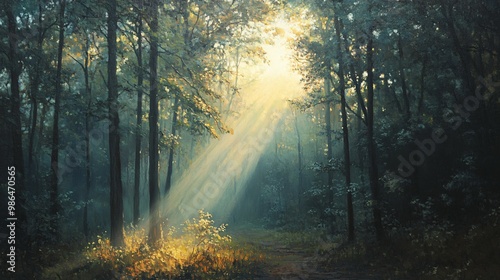 Sunbeams Piercing Through a Dense, Misty Forest