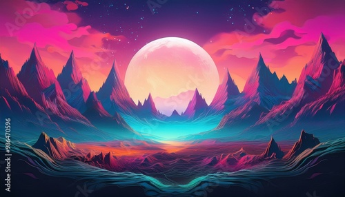 Wallpaper Mural A vibrant, surreal landscape with towering mountains and a glowing moon in a pink and blue sky. Torontodigital.ca