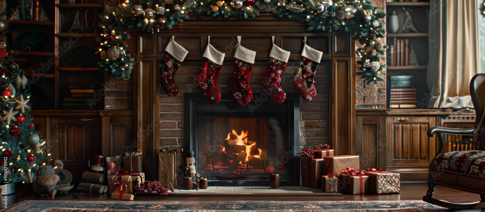 A cozy Christmas scene featuring beautifully decorated fireplace adorned with stockings, surrounded by festive decorations and presents. warm glow of fire adds to joyful atmosphere A cozy Christmas scene featuring beautifully decorated fireplace adorned with stockings, surrounded by festive decorations and presents. warm glow of fire adds to joyful atmosphere