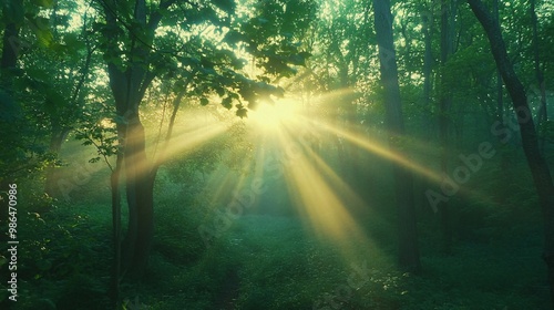 Sunlight Streaks Through a Lush Green Forest