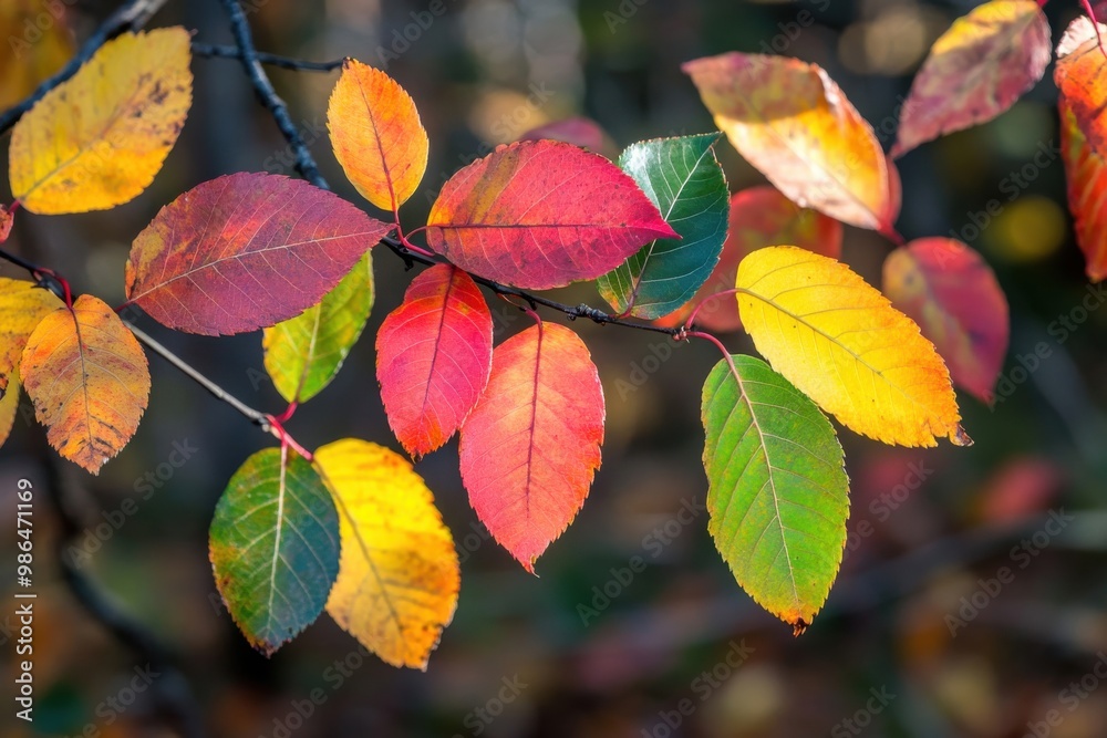 Colorful foliage in shades of red, gold, and emerald throughout fall on rural trees. Soft sunlight emphasizes their vivid colors amid a dark woodland setting Colorful foliage in shades of red, gold, and emerald throughout fall on rural trees. Soft sunlight emphasizes their vivid colors amid a dark woodland setting