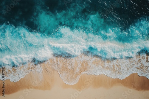 Aerial view of a coastal area with waves crashing on the beach, ideal for initiatives related to marine topics photo