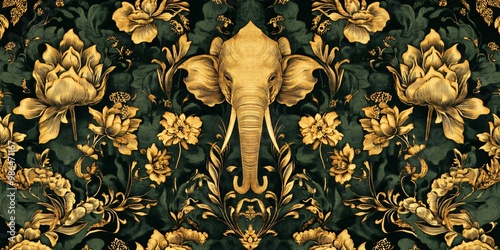 A seamless pattern of intricate gold floral motifs and an elephant head on a dark green background. photo