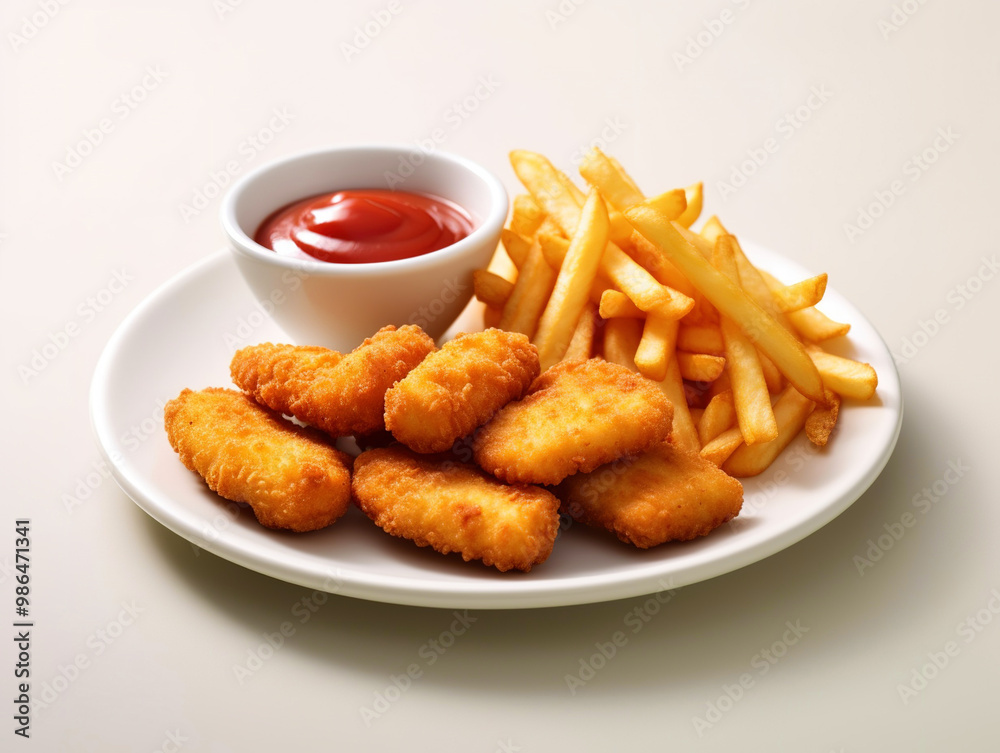chicken nuggets with french fries and ketchup on a white plate, with a simple isolated background, stock photo chicken nuggets with french fries and ketchup on a white plate, with a simple isolated background, stock photo