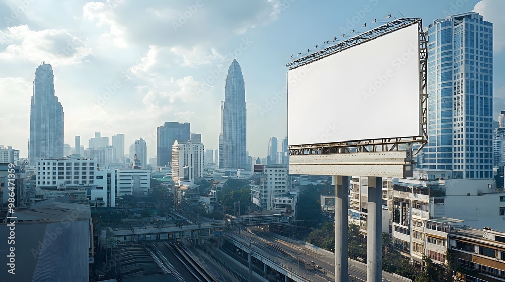 A blank billboard with no text or images, located in the city center of Bangkok, Thailand, with skyscrapers and modern buildings behind it A blank billboard with no text or images, located in the city center of Bangkok, Thailand, with skyscrapers and modern buildings behind it