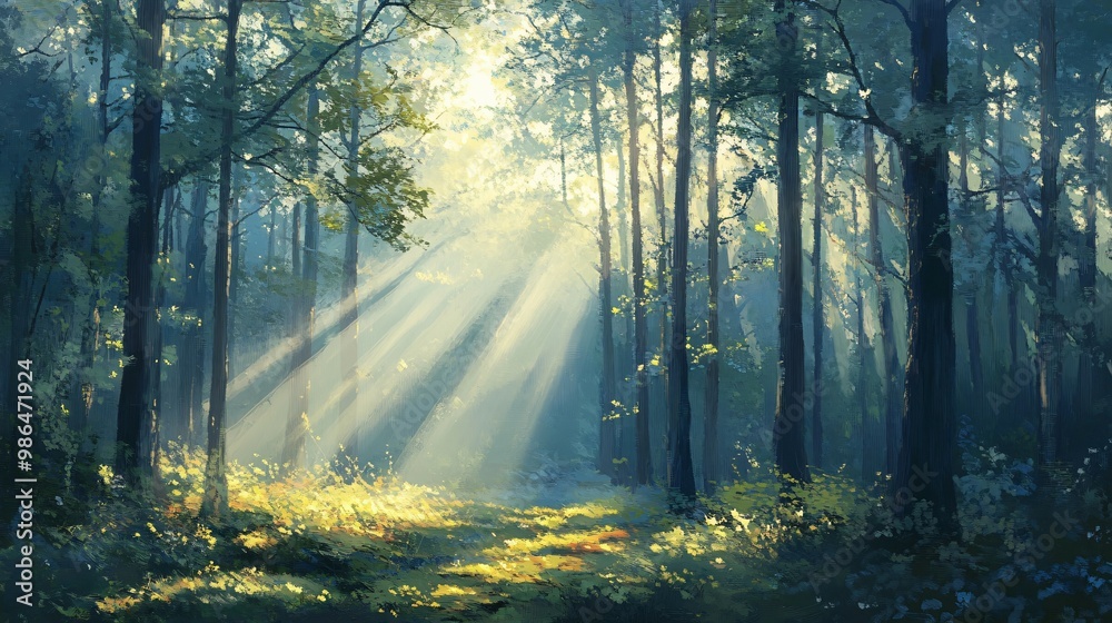 Obraz premium Sunlight Streaming Through a Dense Forest