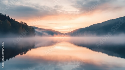 Serene Dawn Reflections Over a Misty Lake