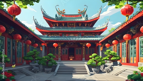 Funky Low Poly Vector Art of an Ancient Chinese Temple with Intricate Architecture and Feminist Elements in Blacklight Style photo