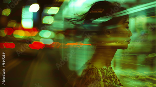 A woman is captured in dreamy, blurred cityscape, embodying sense of motion and emotion. vibrant lights and colors create mesmerizing atmosphere, reminiscent of Wong Kar Wais cinematic style