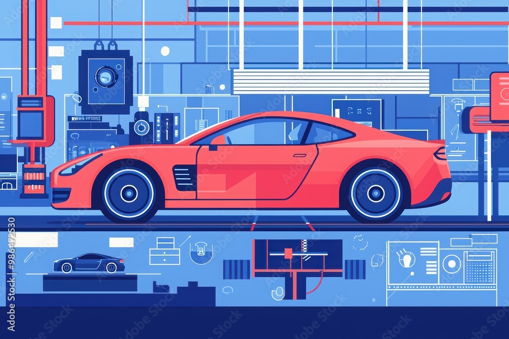 Stylized illustration of a red sports car in a modern workshop setting. Stylized illustration of a red sports car in a modern workshop setting.