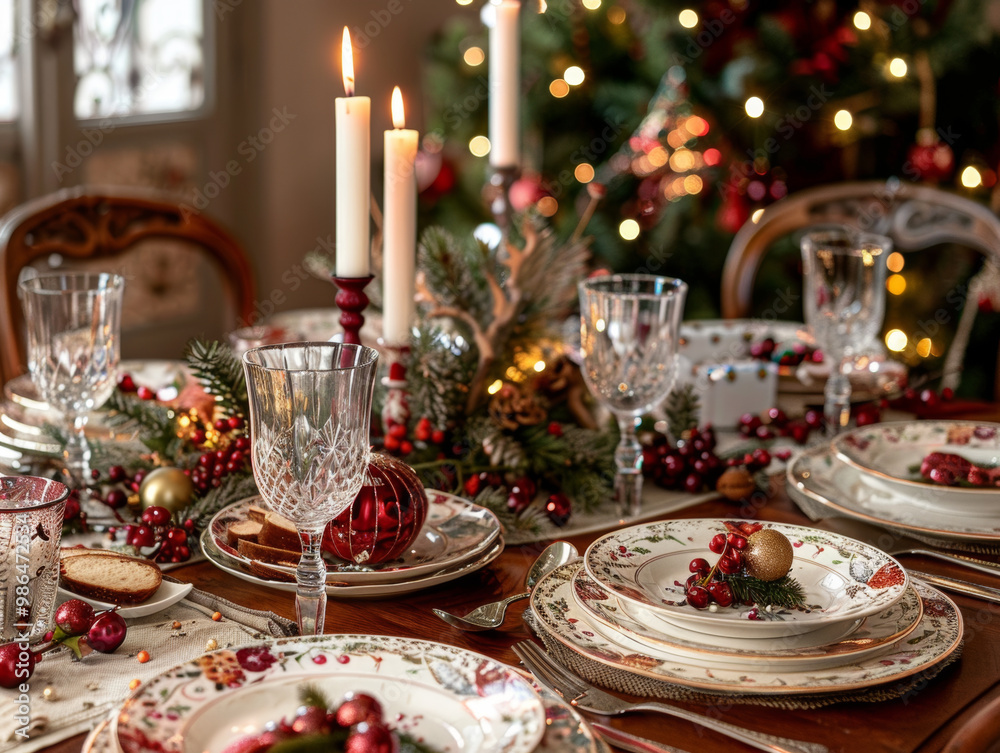A beautifully set table for festive Christmas dinner, adorned with elegant glassware, decorative plates, and festive ornaments. warm ambiance is enhanced by candlelight and decorated tree in backgroun A beautifully set table for festive Christmas dinner, adorned with elegant glassware, decorative plates, and festive ornaments. warm ambiance is enhanced by candlelight and decorated tree in backgroun