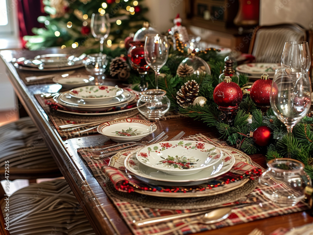 A beautifully set table for festive Christmas dinner, adorned with elegant plates, sparkling glassware, and decorative elements like pinecones and ornaments, creating warm and inviting atmosphere