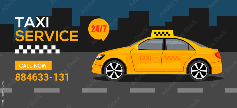 Naklejka premium Taxi service 24 - 7 call now. Yellow taxi cab service advertisement transportation.