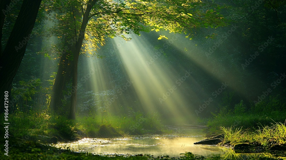 Sunbeams Illuminating a Misty Forest Stream Sunbeams Illuminating a Misty Forest Stream