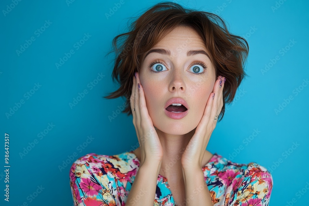Photo of excited adorable girl wear flowers print clothes two arm touch cheeks special news empty space isolated on blue color background Photo of excited adorable girl wear flowers print clothes two arm touch cheeks special news empty space isolated on blue color background