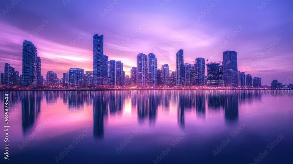 Serene Cityscape at Twilight Reflecting on Water