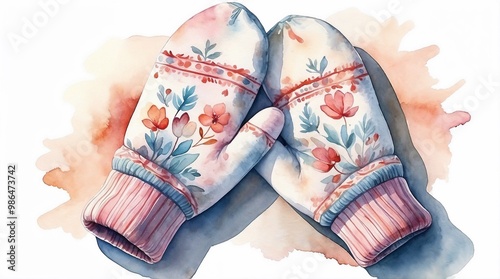 Colorful watercolor mittens with floral patterns on a soft background photo