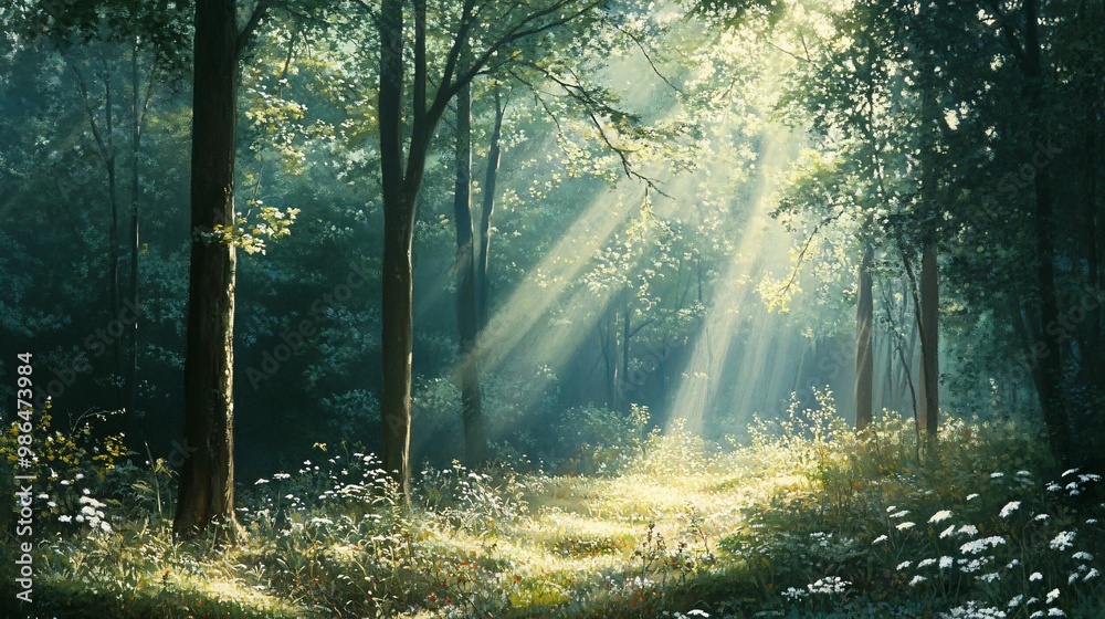 Fototapeta premium Sunbeams Filtering Through a Lush Forest Clearing