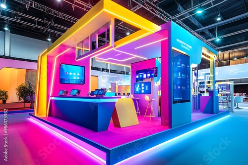 Colorful modern tech exhibition booth.
