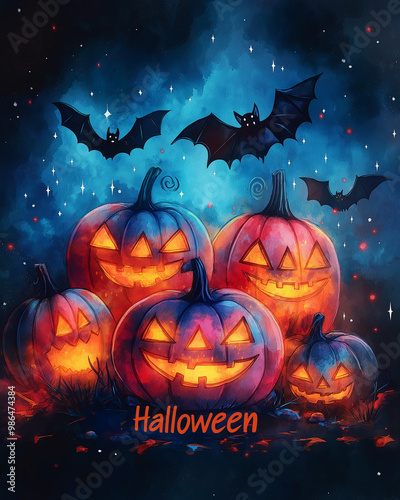 Watercolor Neon colored Illustration Artwork Creative Pumpkin Halloween Wallpaper Background