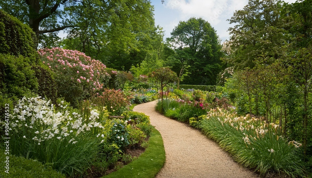 A winding path through a lush, green garden with blooming flowers and verdant foliage. A winding path through a lush, green garden with blooming flowers and verdant foliage.
