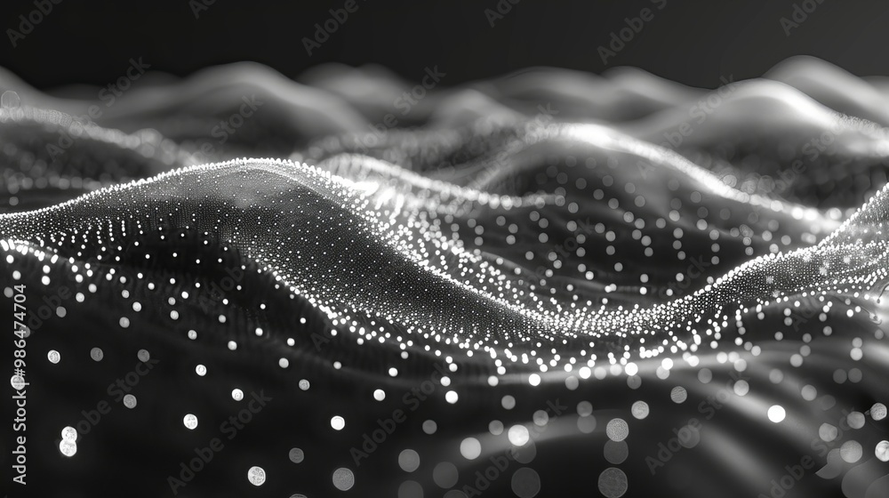Futuristic Wave Background 3D Rendering of Dots and Lines on Dark Canvas Futuristic Wave Background 3D Rendering of Dots and Lines on Dark Canvas
