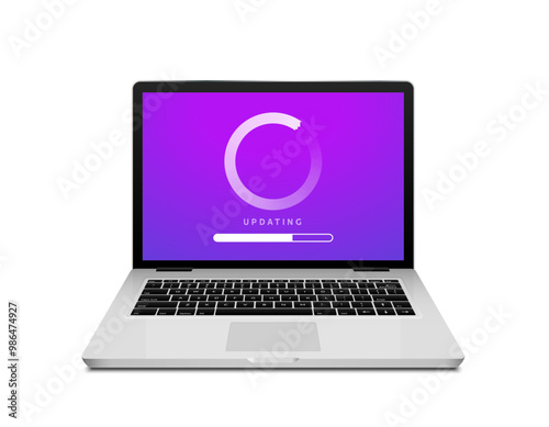 Laptop updating software progress. Computer update screen with progress bar digital technology loading bar