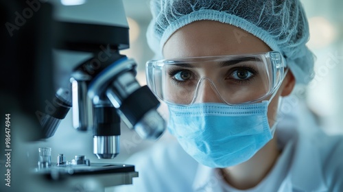 Scientist examining samples under a microscope in a laboratory during daytime research session