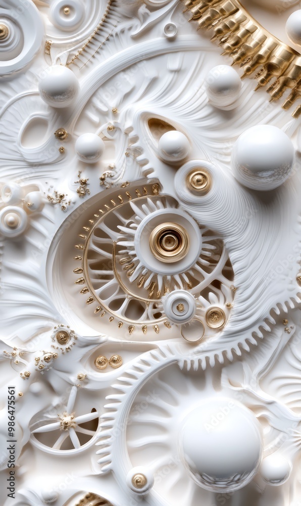 Intricate abstract gears and mechanical elements in white and gold Intricate abstract gears and mechanical elements in white and gold