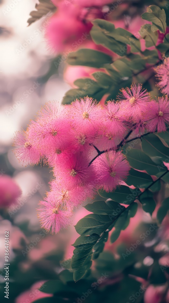 Golden sunlight streams through the lush Mimosa tree creating a serene vibe Golden sunlight streams through the lush Mimosa tree creating a serene vibe