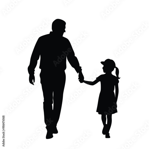 a man and a little girl holding hands. The man is walking on the left side of the image, while the little girl is on the right side vector silhouette