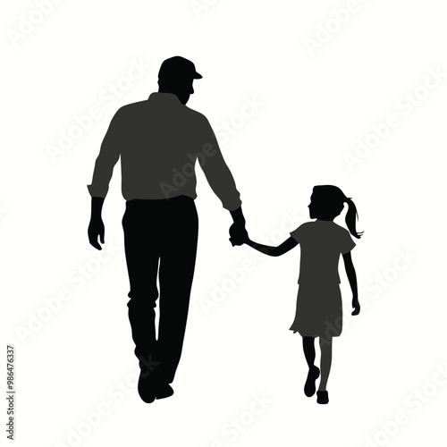 a man and a little girl holding hands. The man is walking on the left side of the image, while the little girl is on the right side vector silhouette