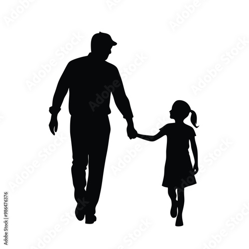 a man and a little girl holding hands. The man is walking on the left side of the image, while the little girl is on the right side vector silhouette