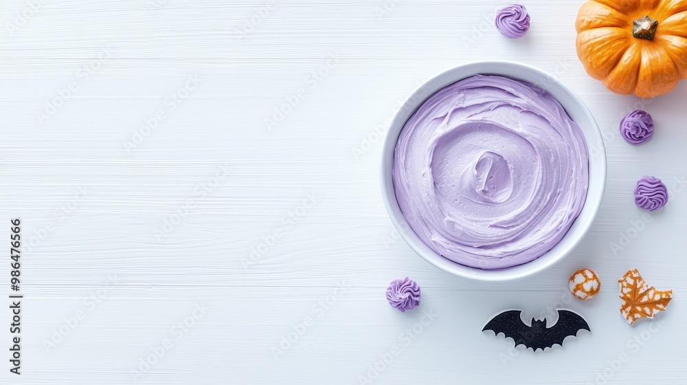 Halloween Baking Essentials, a flat-lay display featuring bat cookie cutters, purple frosting, mini pumpkin decorations on a white wooden backdrop, ample space for creative text. Halloween Baking Essentials, a flat-lay display featuring bat cookie cutters, purple frosting, mini pumpkin decorations on a white wooden backdrop, ample space for creative text.