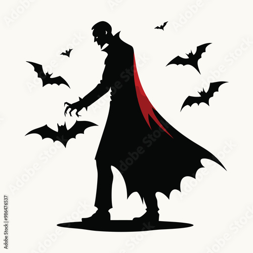 a person dressed up as a vampire. The person is standing,  black silhouette, on a white background