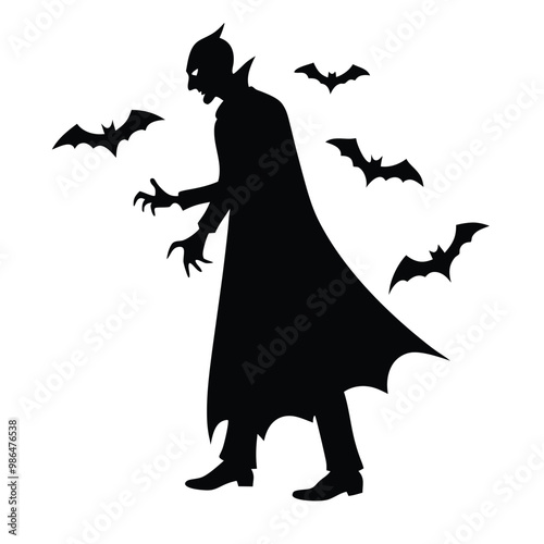 a person dressed up as a vampire. The person is standing,  black silhouette, on a white background