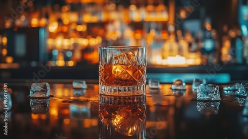 cocktail in a vintage glass on a bar counter surrounded by ice cubes bitters fille photo