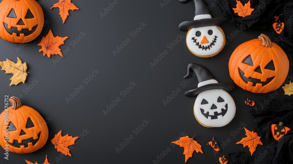 Halloween Treats Display, a dark table adorned with Jack-o'-lantern cookies, black frosting accents, witch costumes, inviting atmosphere, perfect for festive messaging. Halloween Treats Display, a dark table adorned with Jack-o'-lantern cookies, black frosting accents, witch costumes, inviting atmosphere, perfect for festive messaging.